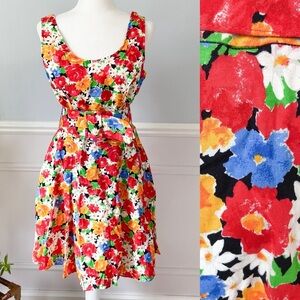 Vintage Paris Sport Club Skater Dress Mini Floral Belted Size 10 A-Line Black